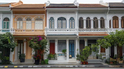 Fototapeta premium Colorful row of traditional terrace houses with ornate details and greenery