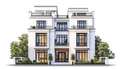 Fototapeta premium Elegant white townhouse with large windows and greenery