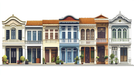 Fototapeta premium Colorful row of vintage terrace houses with ornate facades and potted plants