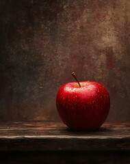Fresh red apples with water droplets on a rustic wooden table, high resolution 