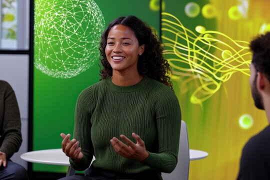 Smiling instructor leading health workshop with diverse group practicing breathwork and stretching.
