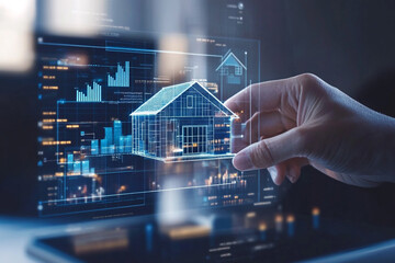 Real Estate Innovation: A hand interacts with a holographic house model, visualizing architectural blueprints and data analytics, symbolizing the future of real estate and smart home technology.