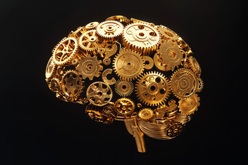 Golden gears forming a brain on black background: artificial intelligence concept
