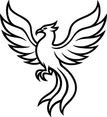 Phoenix bird simple black line art image, Black bold outline vector icon, Bird vector illustration