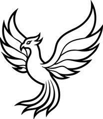 Phoenix bird simple black line art image, Black bold outline vector icon, Bird vector illustration