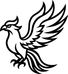 Obraz premium Phoenix bird simple black line art image, Black bold outline vector icon, Bird vector illustration