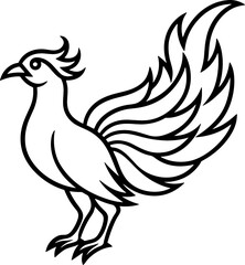 Phoenix bird simple black line art image, Black bold outline vector icon, Bird vector illustration