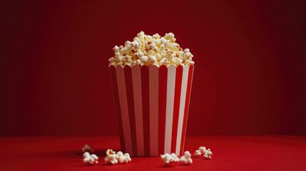 striped popcorn box on vibrant red background, classic cinema snack concept.banner, copy space, mockup