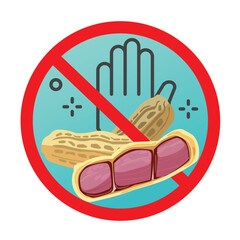 Peanut allergy sign illustrate with cute cartoon, hand and warning sign in red line.
