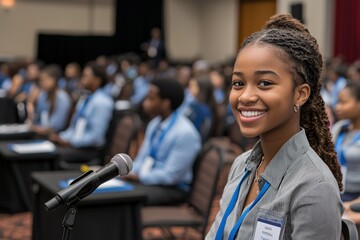 Student smiling while speaking about purpose and future goals at youth empowerment summit.