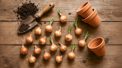 Sprouting onion bulbs on wooden table with gardening tools and terra cotta pots
