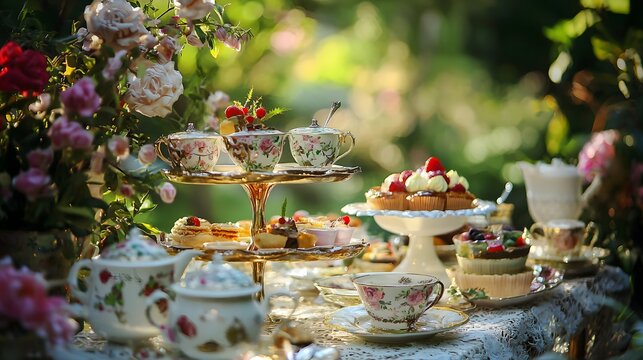 A lavish Victorian tea party held in a garden where time moves backward, and guests sip from porcelain cups filled with shimmering liquid