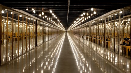 Fototapeta premium Endless corridor lined with mirrored walls reflecting lights, creating an infinite perspective.