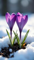 Naklejka premium Delicate violet crocus blossoms emerge from melting snow , bloom, closeup