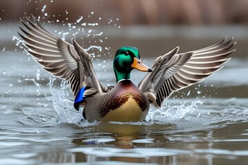 Obraz premium 3d Wild green-headed drake flying duck swims in the pond's water, a beautiful animal of nature