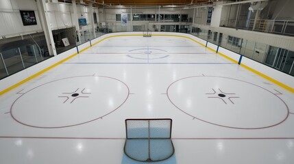 Obraz premium Empty ice hockey rink displays perfectly aligned face-off circles and goals, emphasizing the crisp symmetry and anticipation before the game begins.