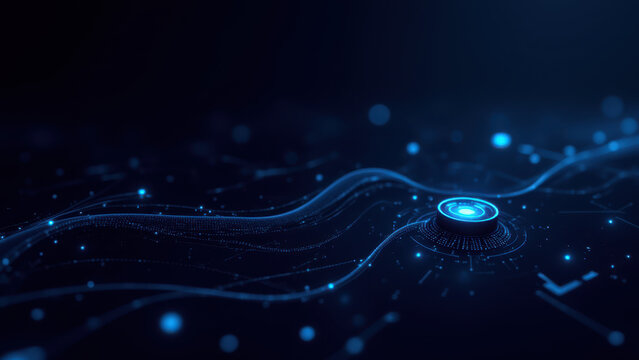 A digital representation of a network with a blue cyber-security theme.