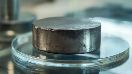 Metallic Disc in Research: A detailed shot of a cylindrical metallic disc sits upon a clear glass dish, highlighting the texture of the metal, within a clean laboratory setting.