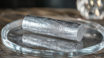Luminescent Aluminum Cylinder on a Clear Dish: A close-up captures a silver aluminum cylinder resting on a transparent dish, showcasing the element's gleaming texture.