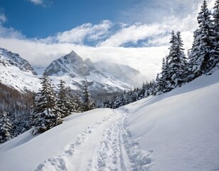 Fototapeta premium A winding mountain trail through snow-covered peaks, untouched by human presence. The cold air and stillness of the landscape create a peaceful atmosphere of solitude.