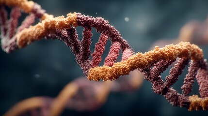 Microscopic view of a DNA double helix. Orange and maroon strands. Dark background.
