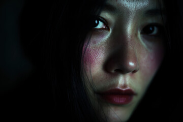 A close-up view reveals the intense emotions on the face of an Asian woman, reflective of her experience with domestic violence
