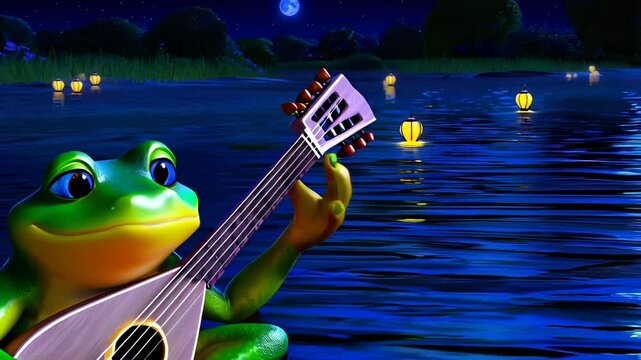 Frog playing a mandolin in glowing blue water surrounded by floating lanterns under the night sky

