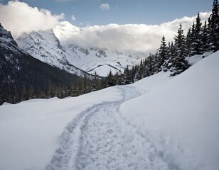 Fototapeta premium A snow-covered mountain path leading through towering peaks. The air is crisp, and the landscape is peaceful, creating a serene atmosphere of solitude.