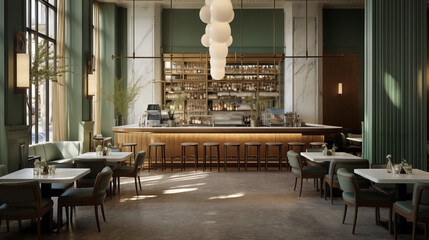 Restaurant d'architecture moderne, bâtiment de luxe avec tables et bar. Restauration, luxe, élégant. Arrière-plan pour conception et création graphique.