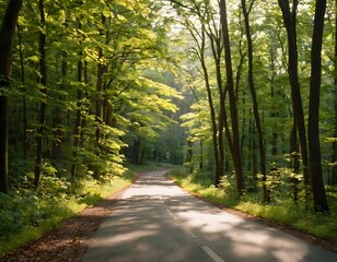 Obraz premium A peaceful road through a dense forest, the trees towering above the path and the sunlight casting dappled light on the road. The air is still, and no one is around.