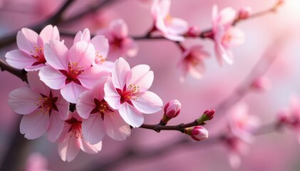 Fototapeta premium Delicate pink sakura blossoms, full bloom, intricate branches , illustration, botanical, japanese