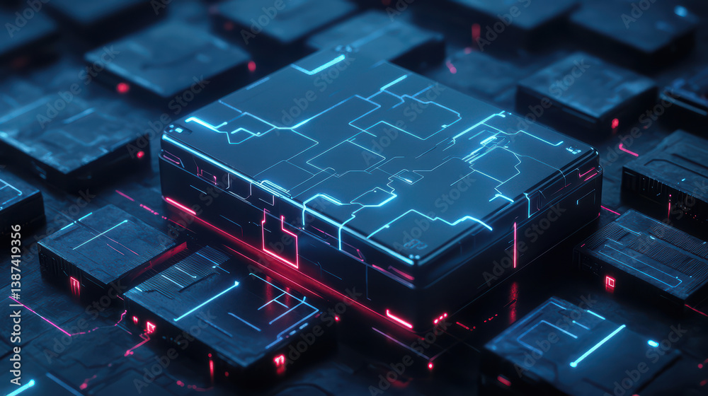 Poster cybernetic circuitry: a close-up view reveals a detailed arrangement of technological components, wi