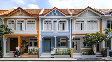 Fototapeta premium Colorful terrace houses with vibrant facades and arched windows