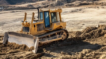 Obraz premium A massive bulldozer churns through soil under a clear blue sky, its blade slicing confidently through the dirt, showcasing raw power and precision on the construction site.
