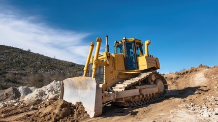 Obraz premium A massive bulldozer churns through soil under a clear blue sky, its blade slicing confidently through the dirt, showcasing raw power and precision on the construction site.