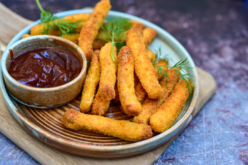 Mozzarella sticks Italian cheese breaded  oven baked  mozzarella sticks with   burger sauce ..Italian street food.