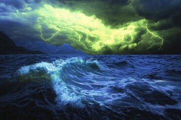 Fototapeta premium Weather and oceans connecting visually through storm clouds and wave movement.