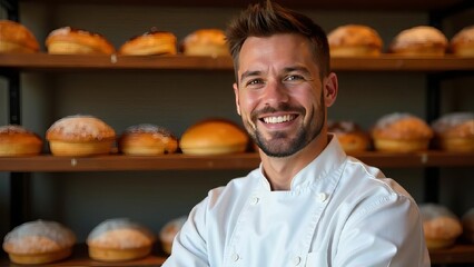 Smile man baker in the bakery. Shelves with pastries on the background. Bakery interior.