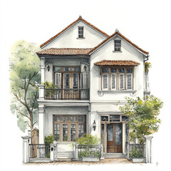 Fototapeta premium Charming two story house with red tiled roof and lush greenery