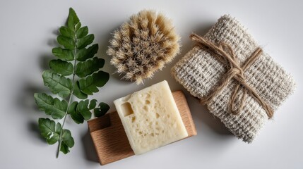 Fototapeta premium Natural bath products arranged on white background. Features soap, loofah, washcloth and fern.