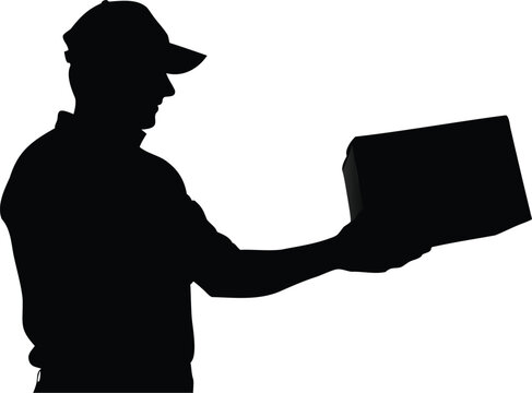 recommend clip art: Silhouette of a courier holding a box for delivery, symbolizing shipping service, logistics, and customer delivery operations