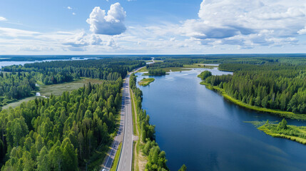 Obraz premium aerial view of highway near a river