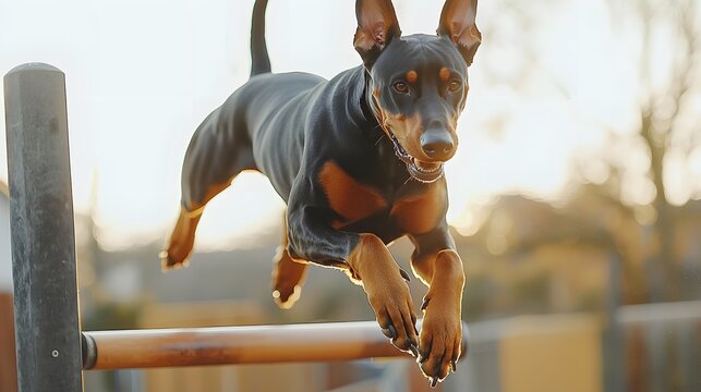 Energetic Doberman Dog Leaping Over Hurdle During Intense Agility Training Session in Outdoor Field or Backyard Setting