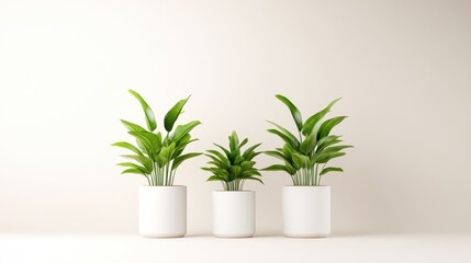 Fototapeta premium Minimalist indoor plants in white pots. A serene display of greenery against a light beige backdrop