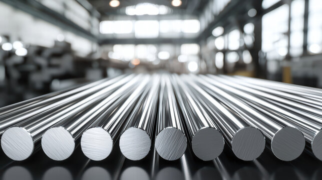 Polished Steel Rods: Industrial close-up showcases a collection of gleaming steel rods, meticulously arranged, hinting at the precision and strength of modern manufacturing.