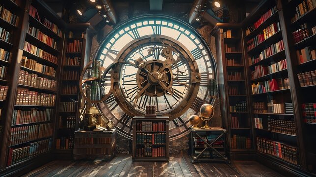 A large library with a clock.