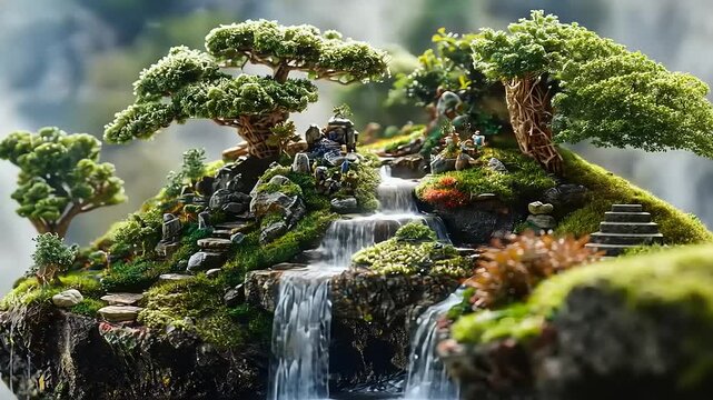 A miniature landscape featuring a serene waterfall, lush greenery, and tiny figures exploring nature