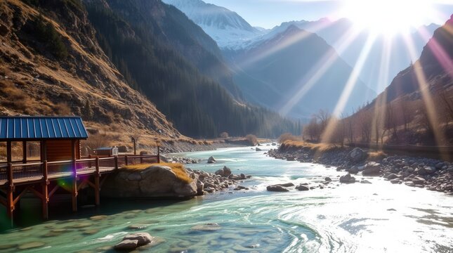 Mountain river vista: wooden structure by a clear stream under a bright sky in a scenic landscape. - Powered by Adobe