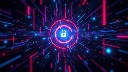 Obraz premium Cybersecurity digital art featuring a futuristic lock within a network explosion of pink and blue hues.