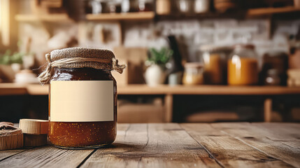 Artisanal Jar on Rustic Wood: A close-up of an elegantly crafted jar with a blank label, filled with preserves, placed atop a textured.